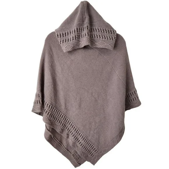 NWT Steve Madden Crochet Knit Soft Cozy Hooded Cape Poncho Knit Sweater Grey OS - Picture 2 of 9